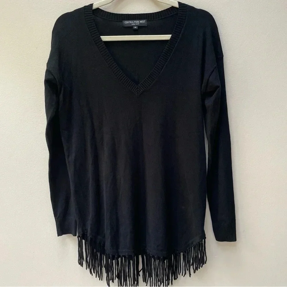 Revolve Central Park West Oversized Black Fringe Long Sleeve V Neck Top Size XS